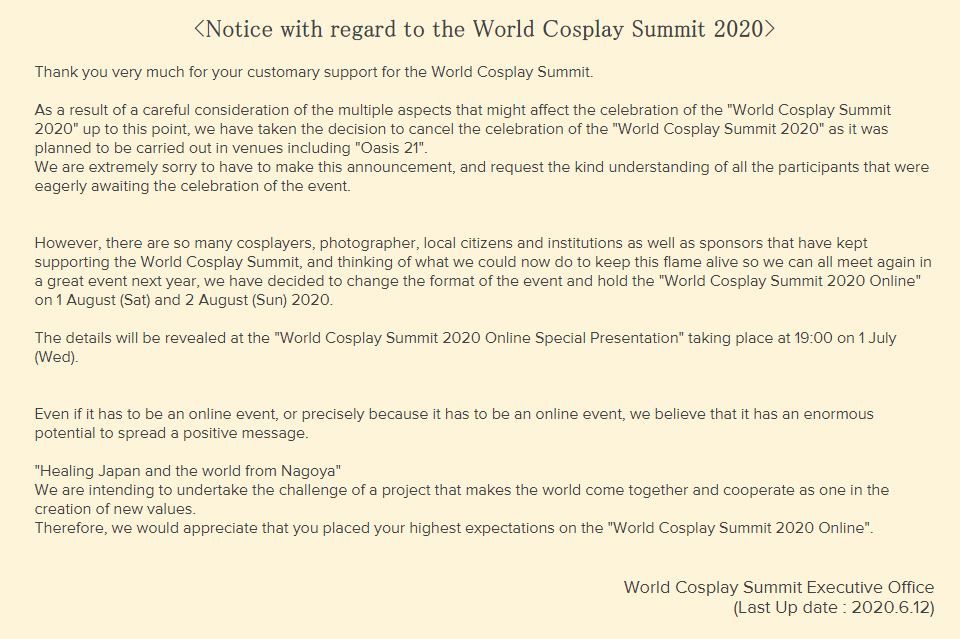 World Cosplay Summit 2020 Cancellation